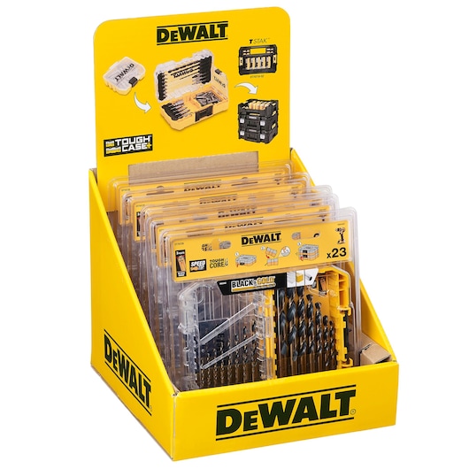 DEWALT DT70729 drill bit set display in a yellow branded box, showing multiple cases and product details.