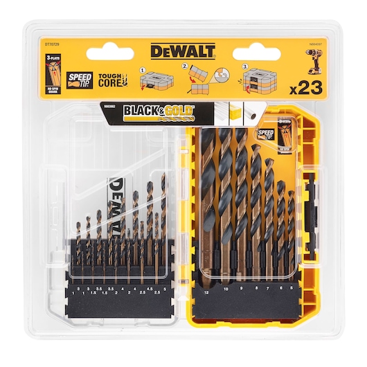 DEWALT Black & Gold drill bit set, 23 pieces, in a plastic case. Sizes labeled, suitable for multiple materials.