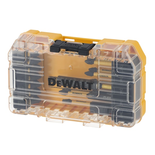 DEWALT DT70730T bit set in a transparent yellow plastic case with visible drill bits inside.