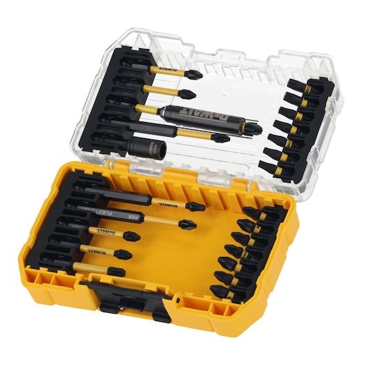 Yellow DEWALT case open showing assorted screwdriver bits and accessories organized in slots.
