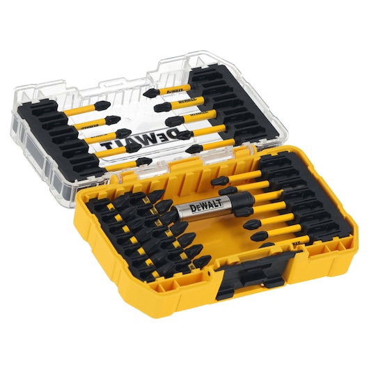 Yellow DEWALT tool case with various screwdriver bits and holder, organized in rows, lid open.