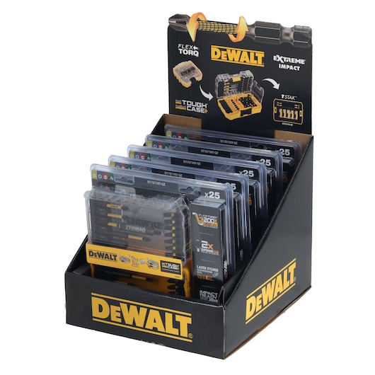 Display box containing multiple DEWALT DT70730T sets of screwdriver bits in Tough Case packs. The DEWALT branded display shows the features of FlexTorq and Extreme Impact, suitable for use with power tools.