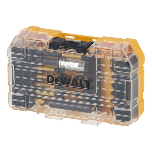 DEWALT bit set in transparent yellow plastic case with black latch, showing various screwdriver bits inside.