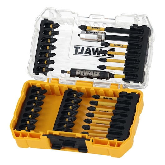 DEWALT DT70731T drill bit set in a yellow plastic case with assorted bits neatly organized.