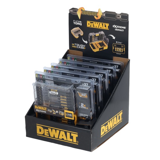 DEWALT DT70731T display box with multiple drill bit sets in plastic cases for retail sale.