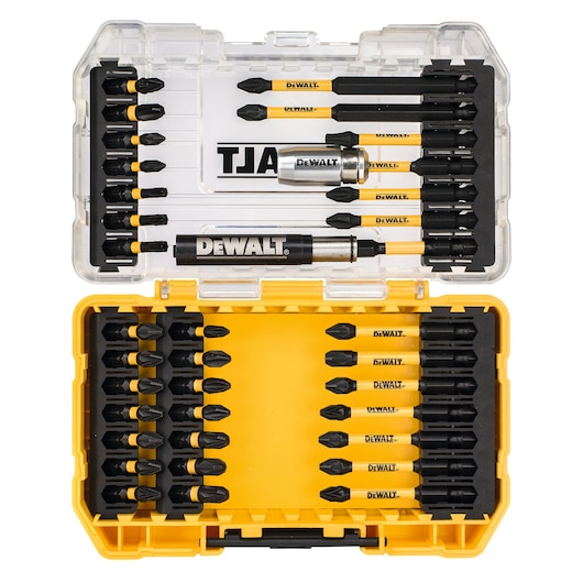 DEWALT bit set in a yellow case with assorted screwdriver bits, extension pieces, and adapter inside.