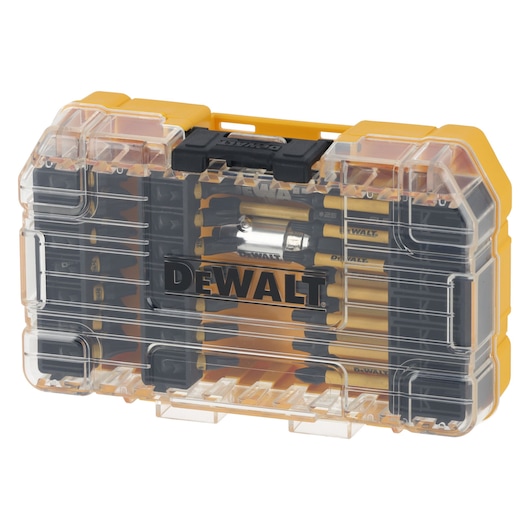 DEWALT yellow and black bit set in a clear plastic case with logo, contains various screwdriver bits.