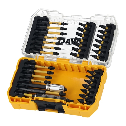 Yellow DEWALT case with assorted screwdriver bits organized in rows, lid open to show contents.