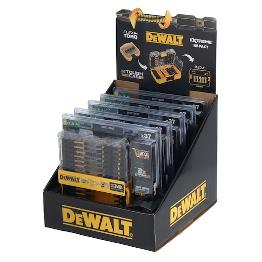 A display box containing multiple DEWALT DT70732T tool accessory sets in clear plastic cases. The box features DEWALT branding and images showing the Tough Case+ storage system and FlexTorq bits for extreme impact resistance.