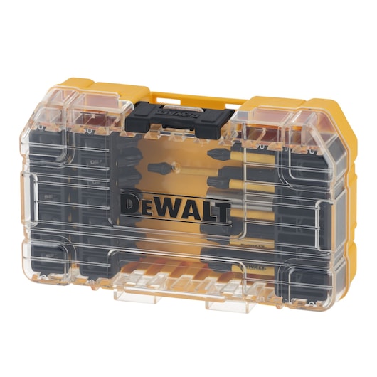 DEWALT bit set in a transparent plastic yellow case with organized slots for tool bits.