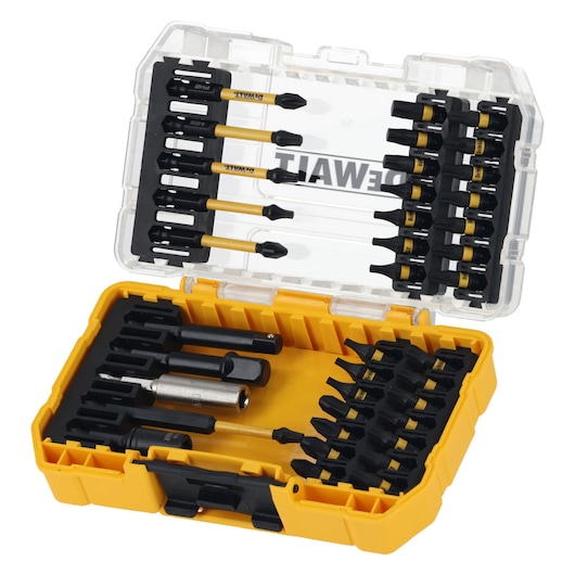 DEWALT DT70733T yellow and clear box with assorted screwdriver bits and accessories.