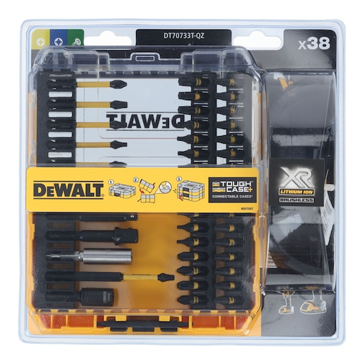 DEWALT DT70733T 38-piece drill and screwdriver bit set in a transparent Tough Case. The set includes various black and yellow bits arranged in compartments. Packaging features DEWALT and XR branding, and connects to other Tough Cases.