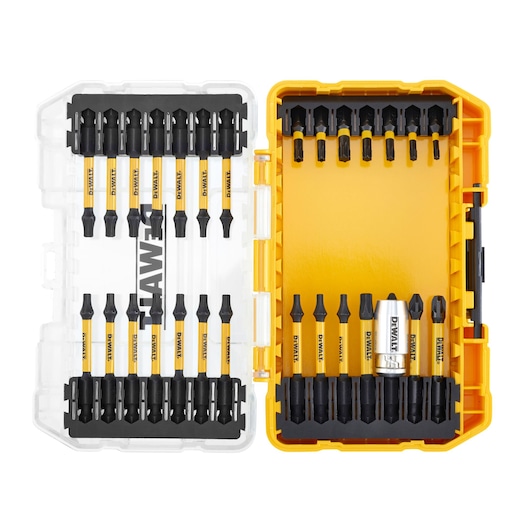 Yellow DEWALT bit set in a plastic case with various screwdriver bits organized inside.
