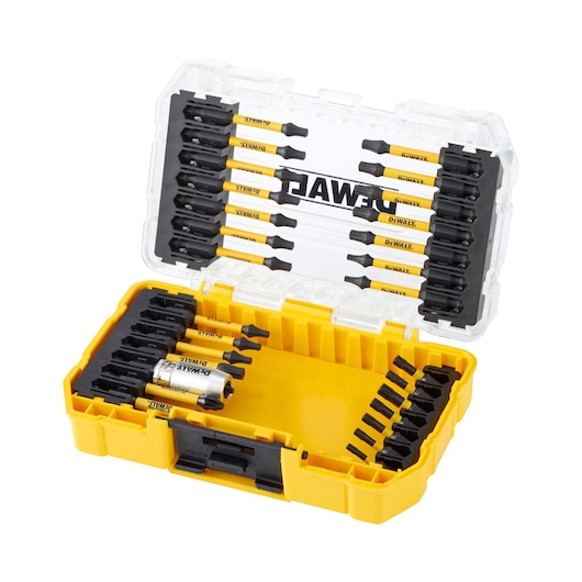 Yellow DEWALT bit set case open, showing various screwdriver bits and one socket inside organized rows.