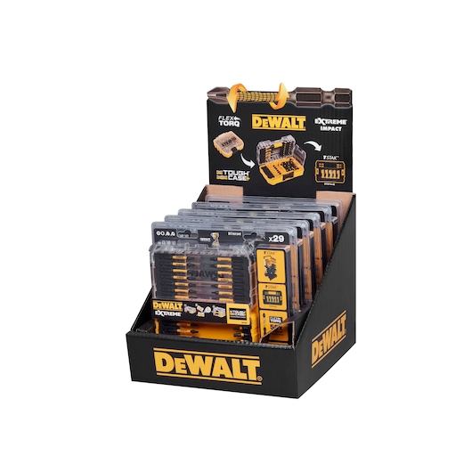 DEWALT DT70734T display box with multiple drill and screwdriver bit sets in yellow and black packaging.