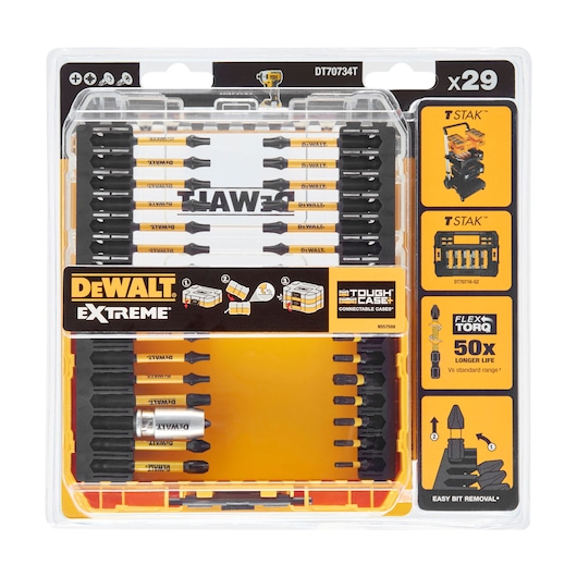 DEWALT DT70734T 29-piece screwdriver bit set for drills in a transparent and yellow Tough Case packaging.