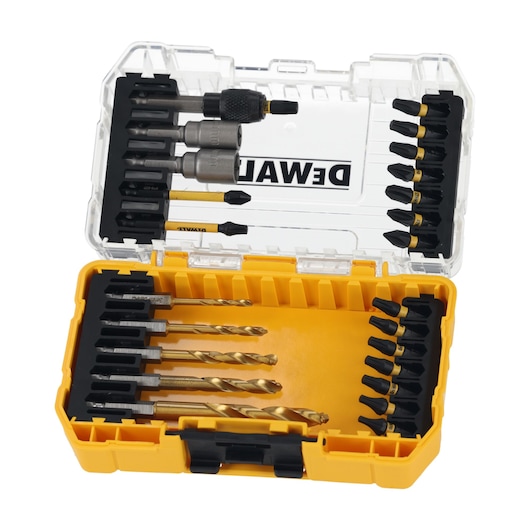 Opened DEWALT DT70735T kit with drill bits and screwdriver bits in a yellow plastic case.