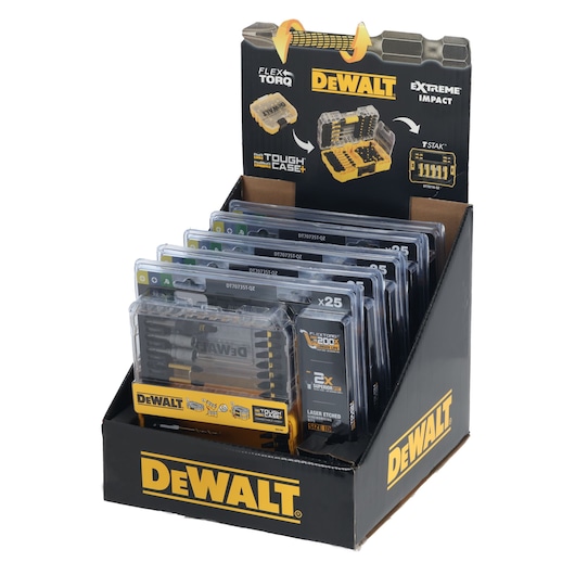 Display box containing multiple DEWALT DT70735T Tough Case accessory sets for impact drivers, arranged in rows. Each set includes various screwdriver bits and is packaged in a transparent plastic case with yellow and black branding.