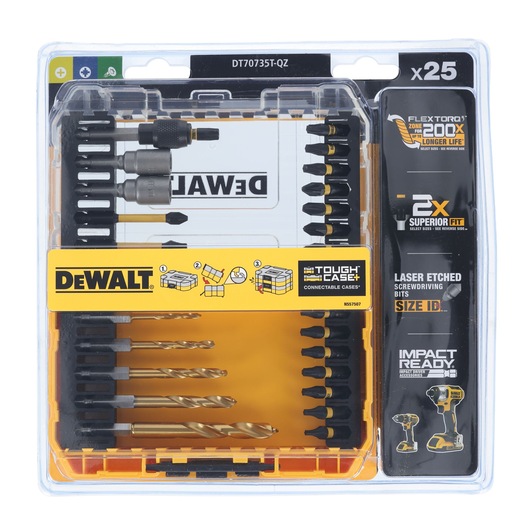 DEWALT DT70735T-QZ Tough Case containing a 25-piece set of drill and screwdriver bits, featuring impact-ready laser etched bits and FlexTorq technology for longer life and superior fit. The case is transparent with yellow and black accents.