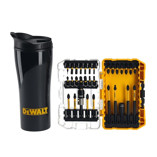 DEWALT travel mug and drill bit set in black and yellow cases, open to show assorted screwdriver bits.