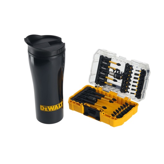 DEWALT travel mug and yellow bit set case with bits arranged inside and clear lid, shown side by side.