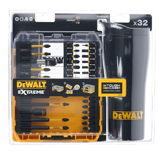 DEWALT Extreme DT70736TM set with 32 screw bits in a tough connectable case and a DEWALT-branded holder.