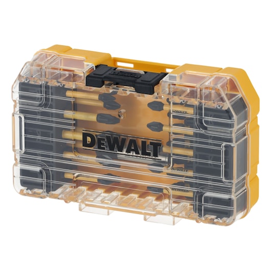 DEWALT bit set in a transparent plastic case with yellow and black accents, showing multiple screwdriver bits.