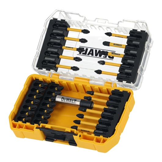DEWALT yellow plastic case with assorted screwdriver bits and a bit holder for photography category.