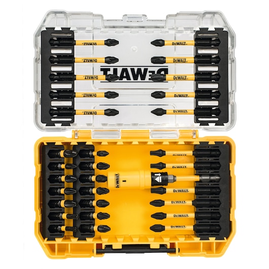 DEWALT yellow and black bit set in a plastic case, containing multiple screwdriver bits and a bit holder.