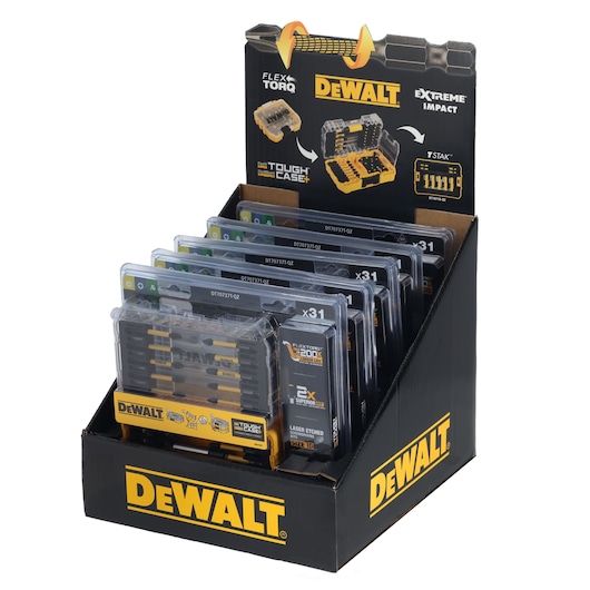 Display box of DEWALT branded drill bit sets, model number DT70737T. The black and yellow packaging contains several clear cases, each labeled with 'FlexTorq', 'Extreme Impact', and 'Tough Case+'. The box is designed for retail presentation and showcases multiple identical sets.