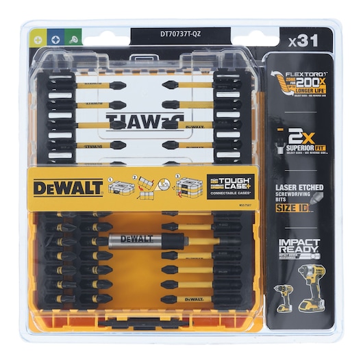 DEWALT DT70737T set with 31 impact-ready screwdriver bits in a yellow Tough Case for power tools.