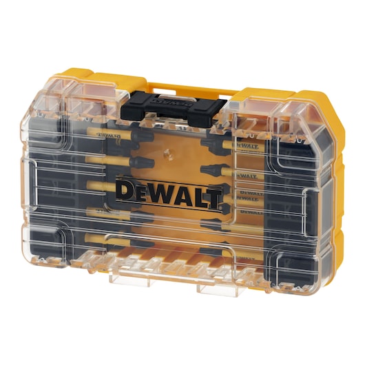 DEWALT yellow and black drill bit set in a transparent plastic case, showing multiple bits inside.