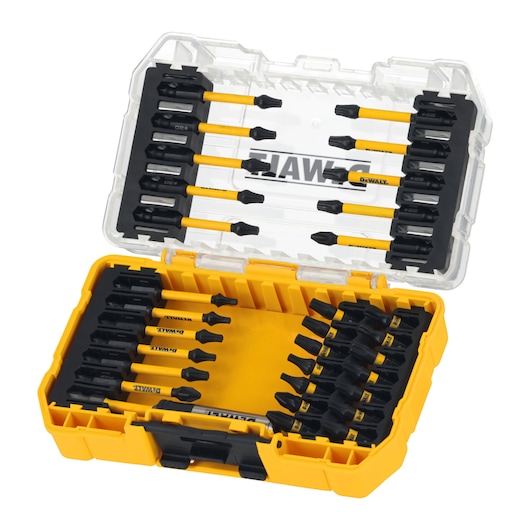 Yellow DEWALT bit set case with assorted screwdriver bits neatly arranged in two compartments.