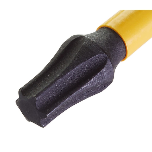 Close-up of a DEWALT screwdriver bit with a yellow shaft and black tip, designed for precision screwdriving tasks.