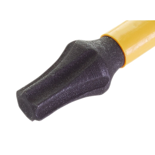 Close-up of a DEWALT screwdriver bit with a yellow shaft and black tip, used in power tools.