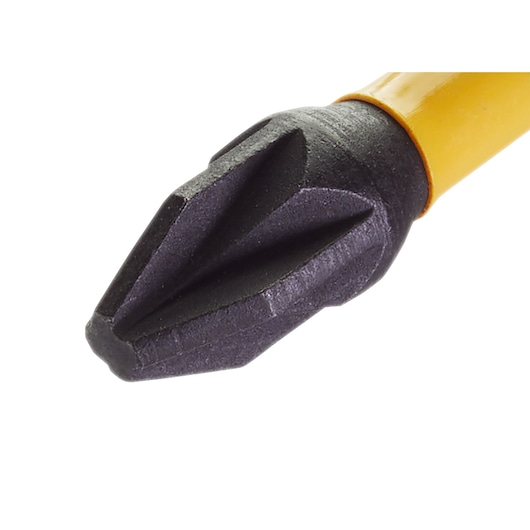 Close-up of a DEWALT screwdriver bit with a yellow shaft and black Phillips tip.