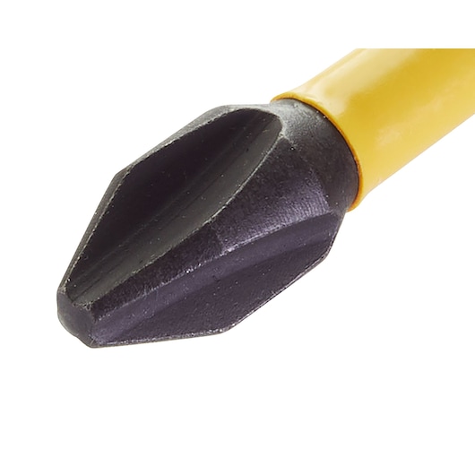 Close-up of a DEWALT Phillips screwdriver bit with a yellow shaft, used for tightening or loosening screws.