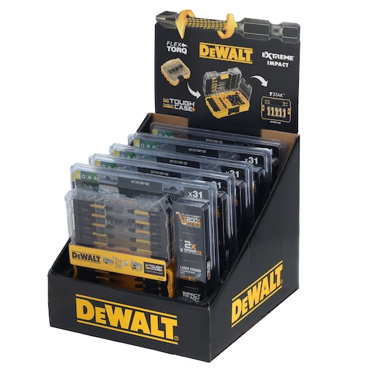 DEWALT display box holding multiple sets of drill bits and accessories in clear packaging.