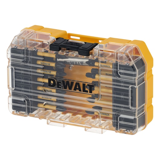 DEWALT DT70739T yellow and black drill bit set in a transparent plastic case with organized compartments.