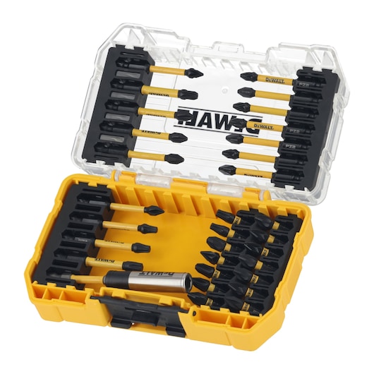 DEWALT DT70739T set of screwdriver bits in a yellow and clear plastic case, arranged neatly for easy selection.