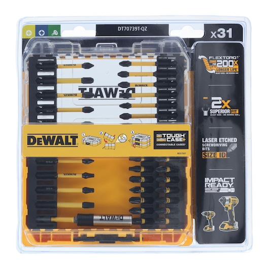 DEWALT DT70739T set with 31 impact-ready screwdriver bits in a tough yellow and clear plastic storage case.