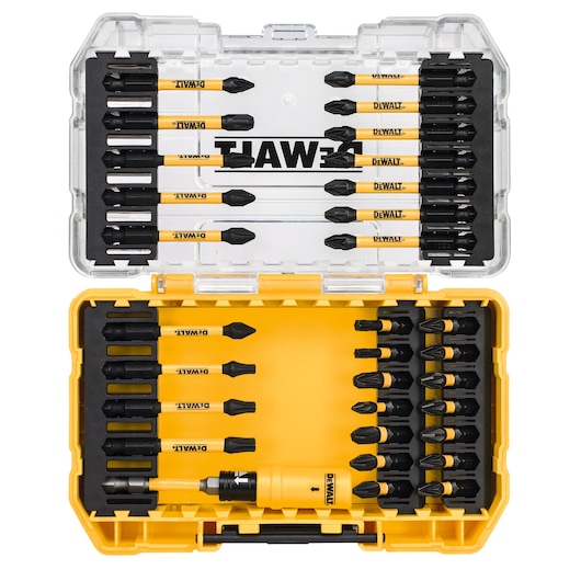 DEWALT screwdriver bit set in a yellow and clear plastic case, neatly arranged with multiple black and yellow bits.
