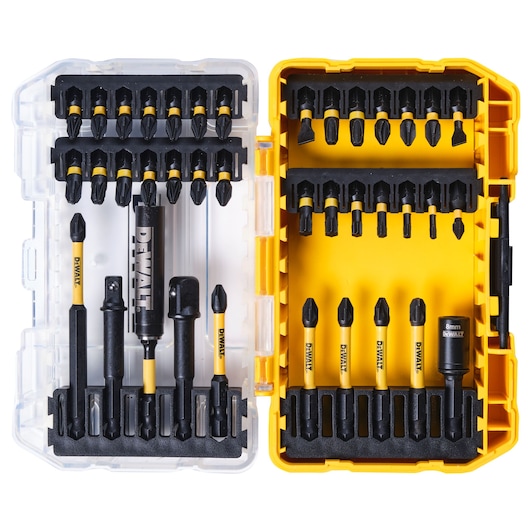 DEWALT DT70740T set with various screwdriver bits and accessories inside a yellow and clear plastic case.