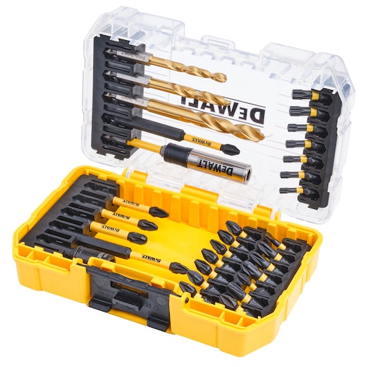 Yellow DEWALT drill and screwdriver bit set in a plastic storage case with assorted bits displayed.