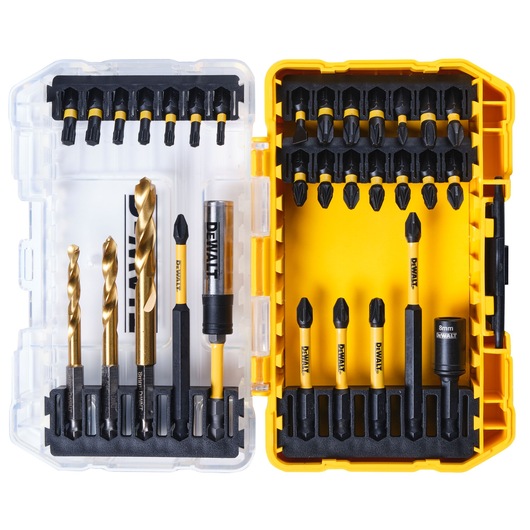 DEWALT drill and screwdriver bit set in a yellow plastic case with clear lid, various sizes and types organized inside.