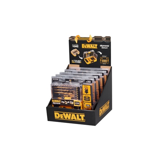 Display box containing multiple DEWALT DT70741T drill and screwdriver bit sets in Tough Cases, designed for extreme impact and Flex Torq use.
