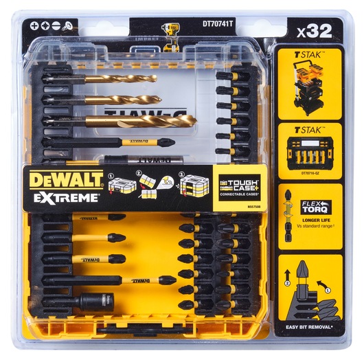 DEWALT DT70741T set with drill and screw bits in yellow Tough Case, 32-piece, organized in plastic box.