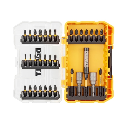 DEWALT DT70742T bit set in a yellow case, contains various screwdriver bits and socket attachments.