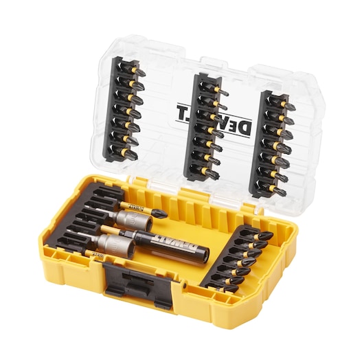 DEWALT yellow bit set case with various drill bits and accessories organized in compartments.