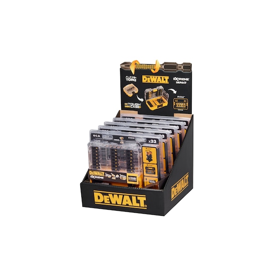 DEWALT DT70742T display box with multiple drill bit sets in clear plastic cases, arranged upright for retail.